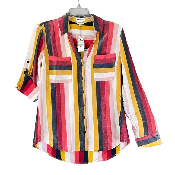 EXPRESS Portofino Striped Shimmer Button Up Blouse Vneck Collar Size Medium NWT - Picture 2 of 12